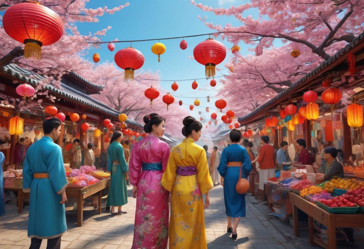 A lively street market scene showcasing a blend of traditional Asian clothing and modern fashion, with vibrant colors and joyful people interacting. Include elements like ornate lanterns, colorful fabrics, and fun accessories that celebrate cultural heritage. Capture the essence of community and merriment with a background of cherry blossom trees. super-realistic. vibrant colors. 3D.