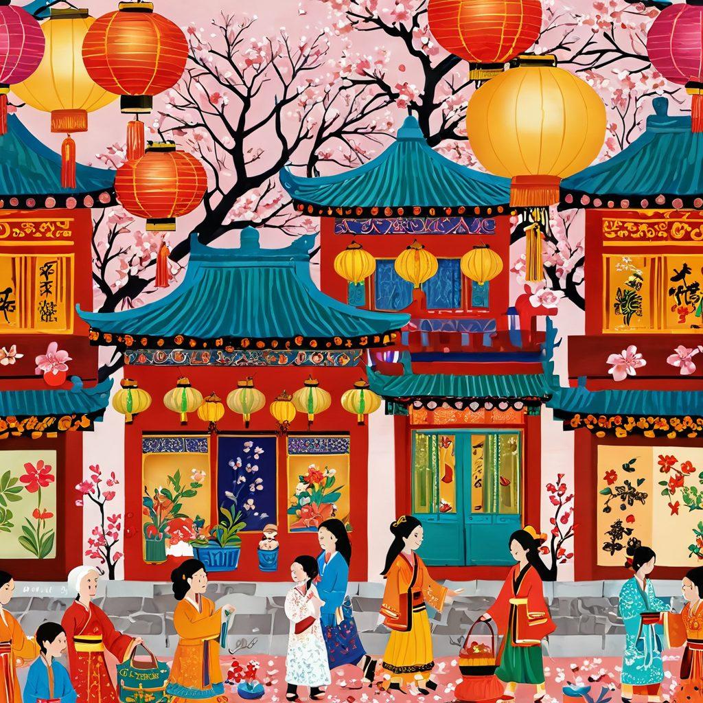 A colorful collage showcasing joyful elements from various Asian cultures, including traditional festivals, smiling families, vibrant street markets, and cheerful artwork. Incorporate iconic symbols such as lanterns, cherry blossoms, and intricate textiles to reflect the rich diversity. The atmosphere should be festive and inviting, emphasizing happiness and warmth. bright colors. whimsical style. high detail.