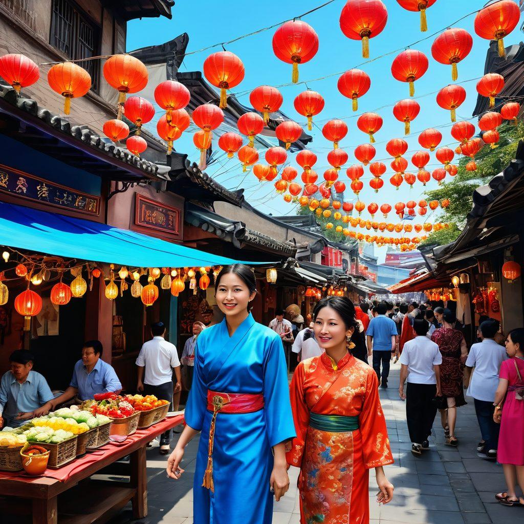 A vibrant, joyful street scene in an Asian city, filled with colorful decorations, traditional costumes, and smiling people celebrating happiness. Include elements like lanterns, food stalls, and street performers, all under a clear blue sky. Infuse a sense of exuberance and cultural richness, capturing the essence of community and festivity. super-realistic. vibrant colors. 3D.